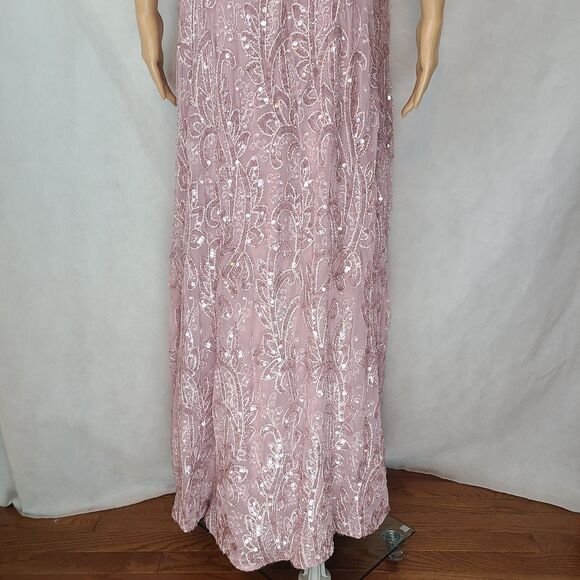 New R&M Richards Women's (8) Rose Embroidered & Sequin Flutter Sleeve Maxi Dress - Picture 8 of 16